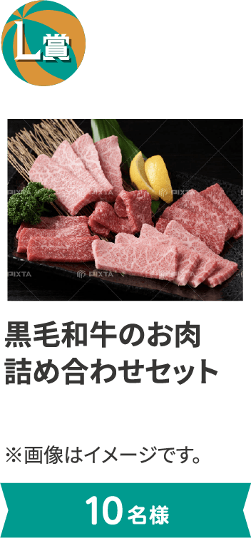 L賞 黒毛和牛のお肉詰め合わせセット。10名様まで。