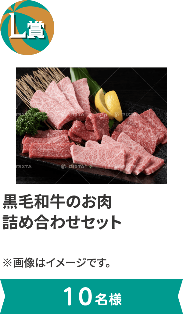 L賞 黒毛和牛のお肉詰め合わせセット。10名様まで。