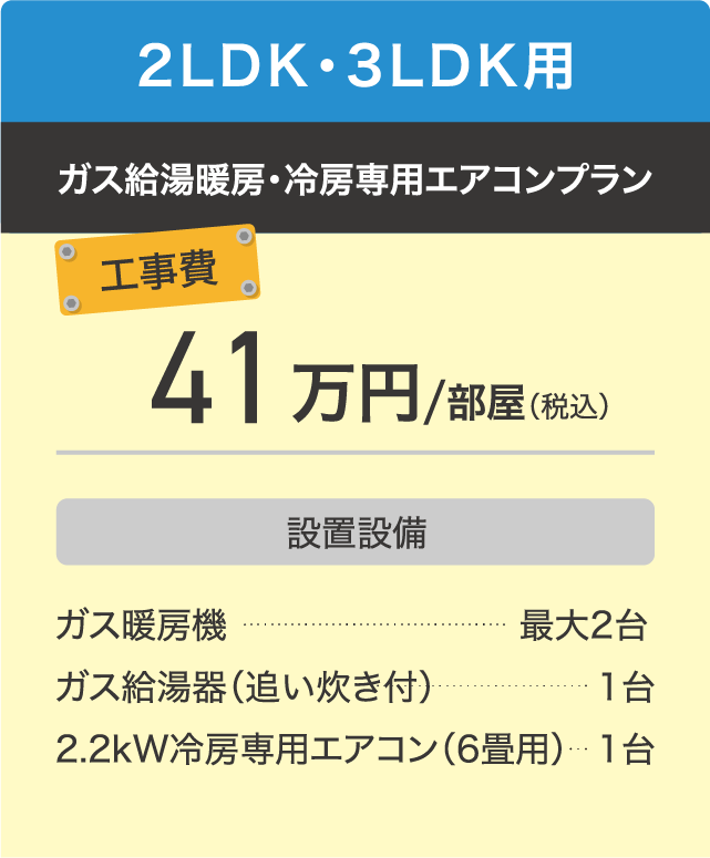 2LDK・3LDK用 ガス給湯暖房・冷房専用エアコンプラン 工事費41万円/部屋（税込） 設置設備は、ガス暖房機最大2台、ガス給湯器（追い炊き付）1台、2.2kW冷房専用エアコン（6畳用）1台。