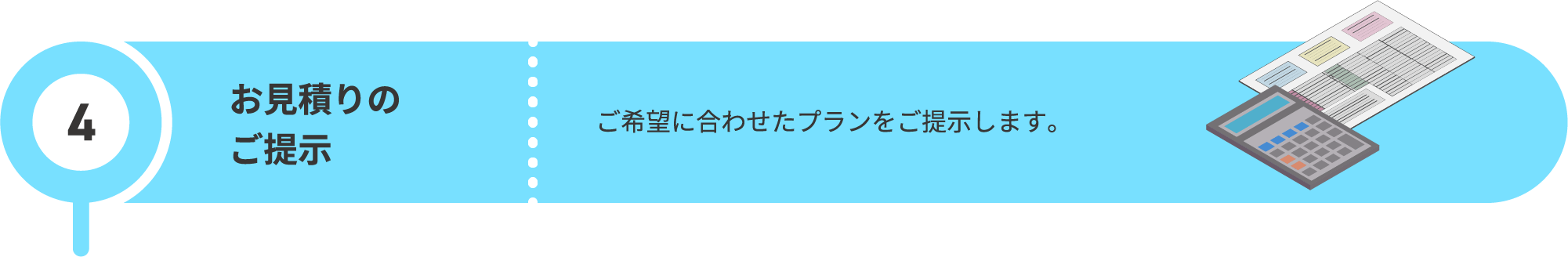 4つ目にお見積をご提示いたします。ご希望に合わせたプランをご提示します。